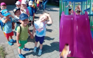 Grupa przedszkolaków stojących w rzędzie z plecakami na chodniku. Dzieci sąuśmiechnięte i ubrane w kolorowe stroje.